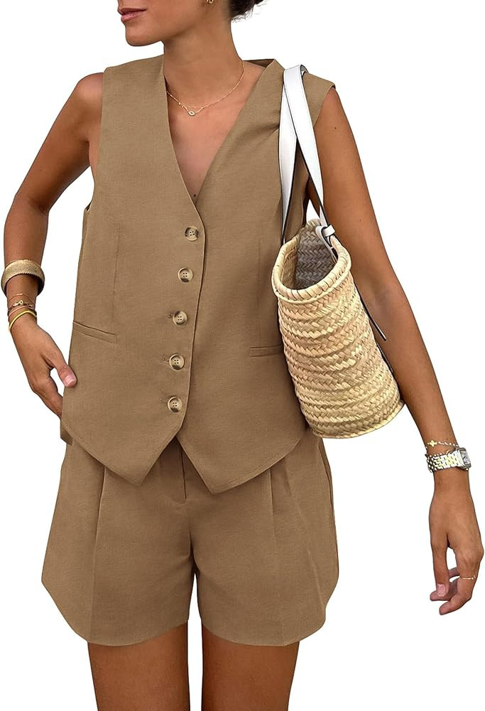 PRETTYGARDEN Women's Summer 2 Piece Outfits Sleeveless Matching Sets Button Down V Neck Vest Wais... | Amazon (US)