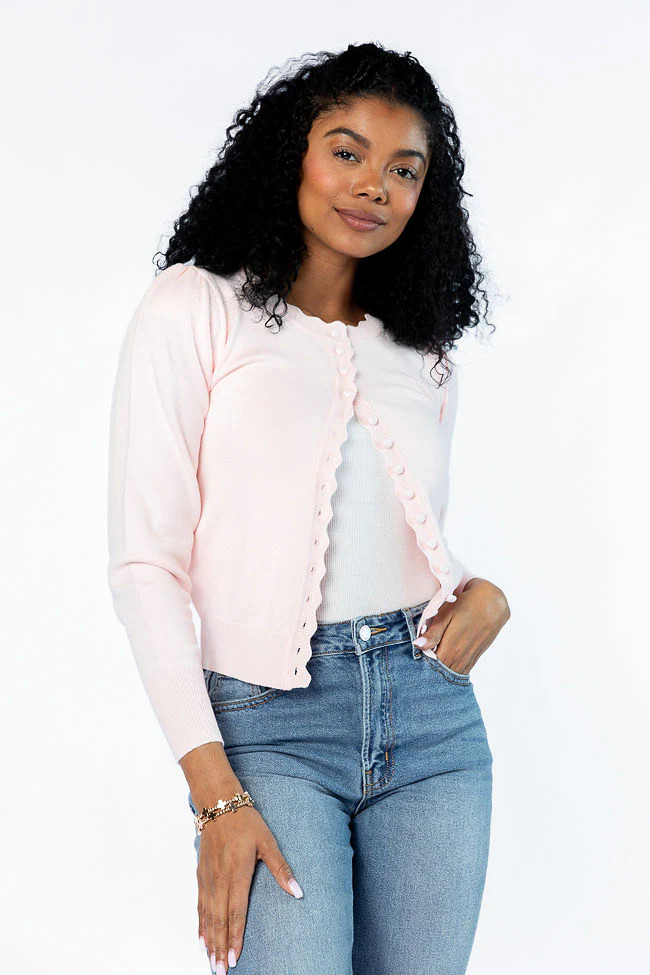 Perfect Clarity Blush Scalloped Trim Cardigan | Pink Lily