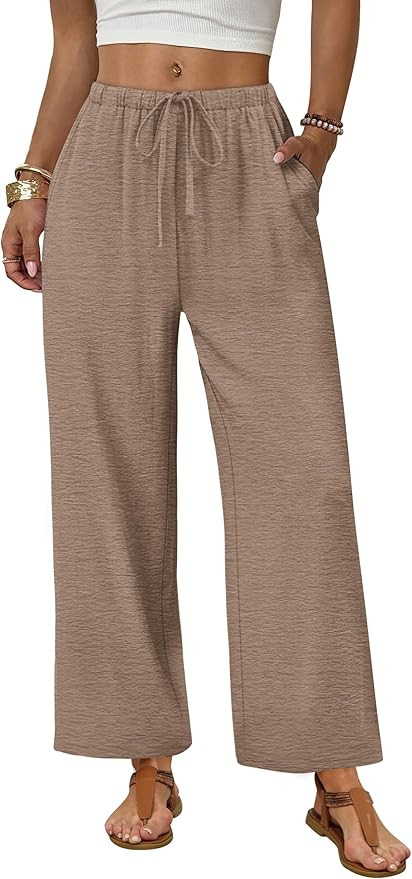 Sampeel Wide Leg Pants Women Casual Palazzo Drawstring Elastic Waist Trousers with Pockets Summer... | Amazon (US)