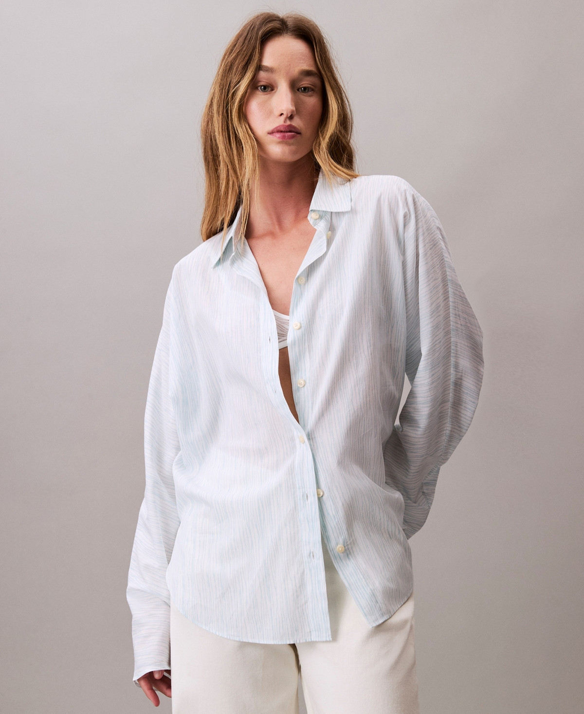 Calvin Klein Women's Long Sleeve Striped Button-Down Shirt - Gulf Stream | Macy's