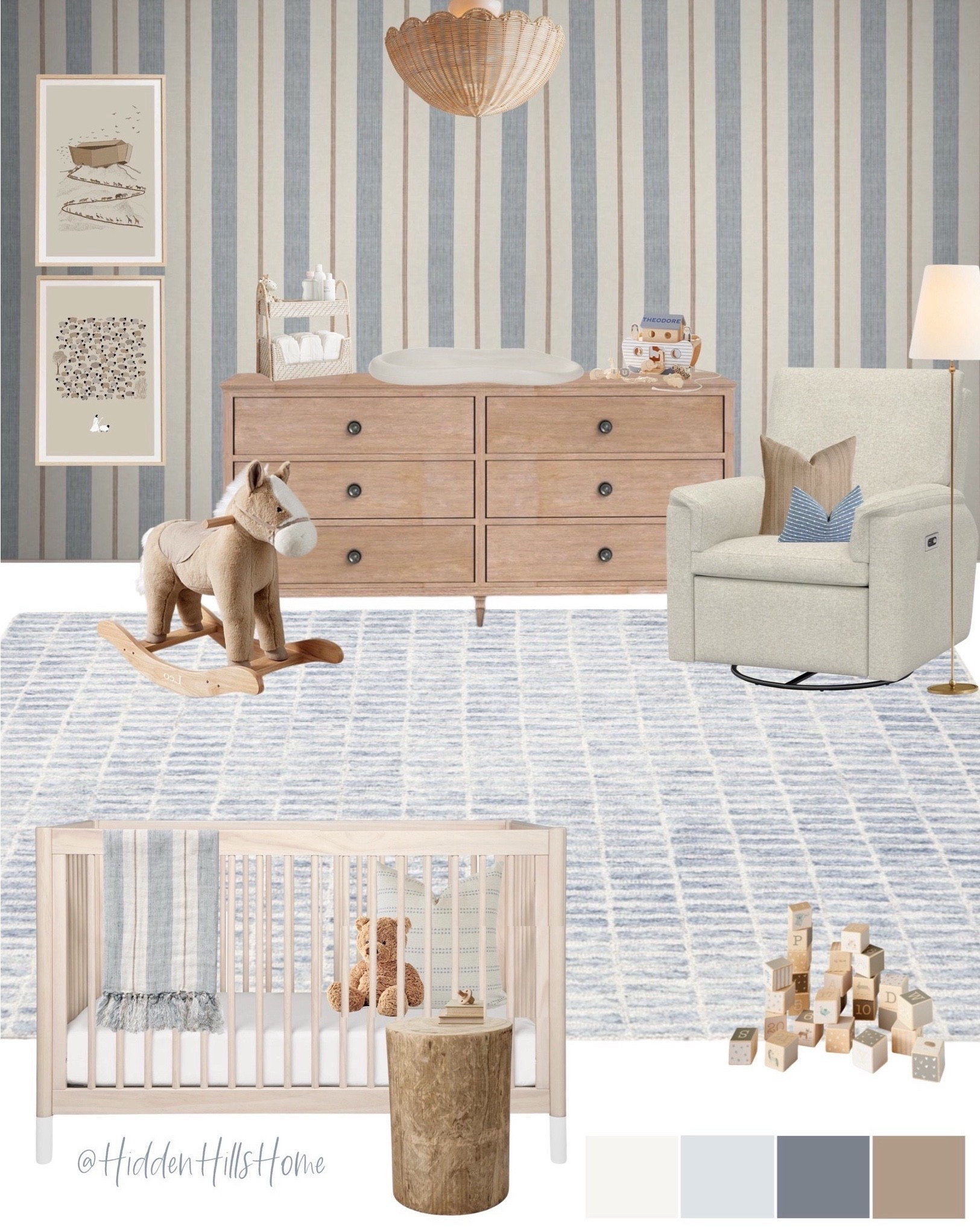 Cute nursery mood board, baby nursery design, crib, glider, striped wallpaper for nursery, boys nursery mood board, nursery inspiration #boys #nursery

#LTKHome #LTKSaleAlert #LTKBaby