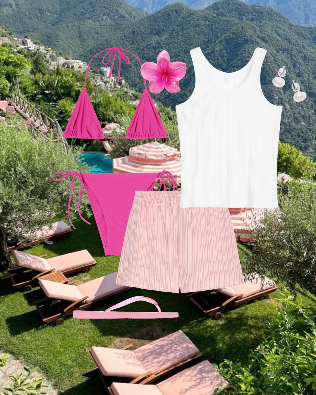 Amalfi Coast Vacation Outfit | Hot Pink Triangle Bikini, Pleated Boxer Shorts & Ribbed Tank 

 #LTKgrwm #LTKSwim #LTKTravel