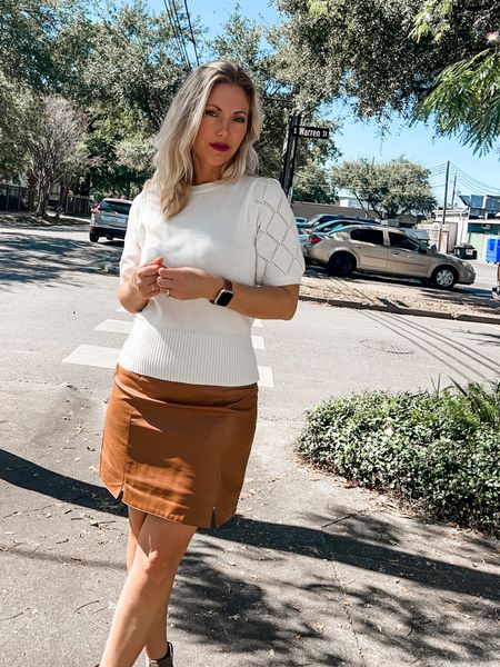 Blouse with Crochet sleeves// Size Small fits true to size. Paired with a faux leather skirt- linking a similar style. 

#crochetblouse #leatherskirt #falloutfit 

#LTKstyletip #LTKunder50 #LTKSeasonal