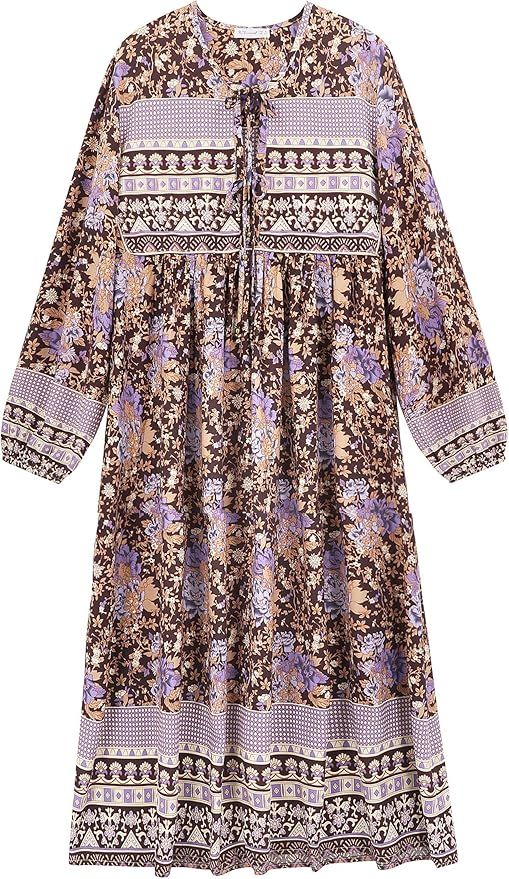 R.Vivimos Women's Long Sleeve Floral Print Retro V Neck Tassel Bohemian Midi Dresses | Amazon (US)