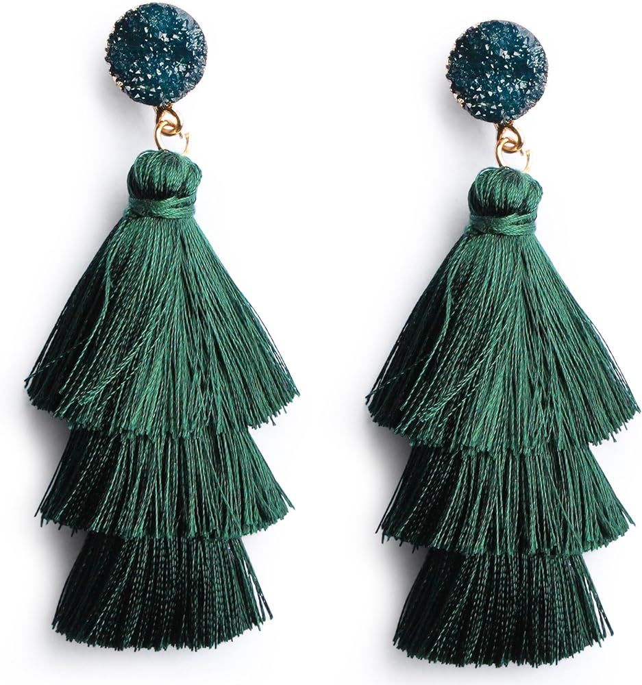 Amazon.com: Me&Hz Deep Green Layered Tassel Drop Earrings for Women Girls Dark Green Statement Fr... | Amazon (US)