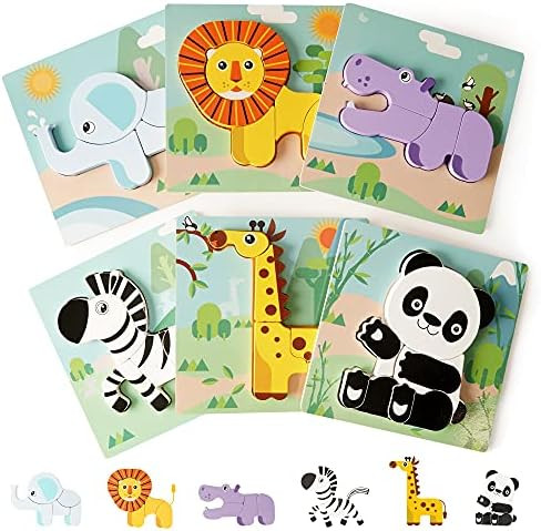 KIPPTO Wooden Toddler Puzzles- Pack of 6 Animal Puzzles- Panda, Lion, Elephant, Zebra, Giraffe and H | Amazon (US)