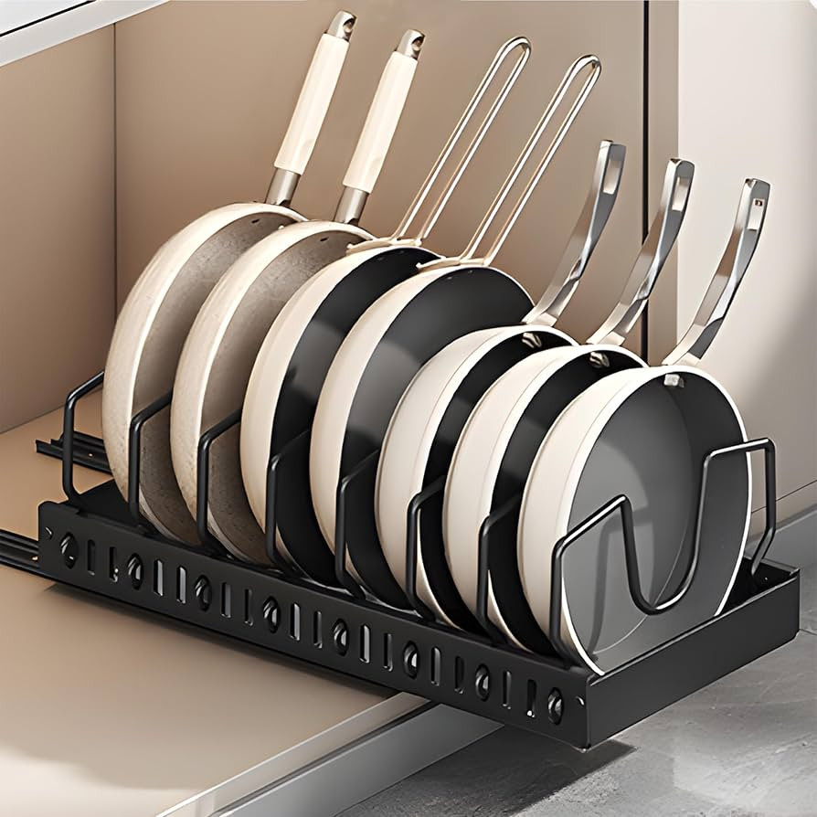 Pots and Pans Organizer Under Cabinet,Sliding Pot Lid Organizer for Cabinet,Pull Out Cabinet Orga... | Amazon (US)