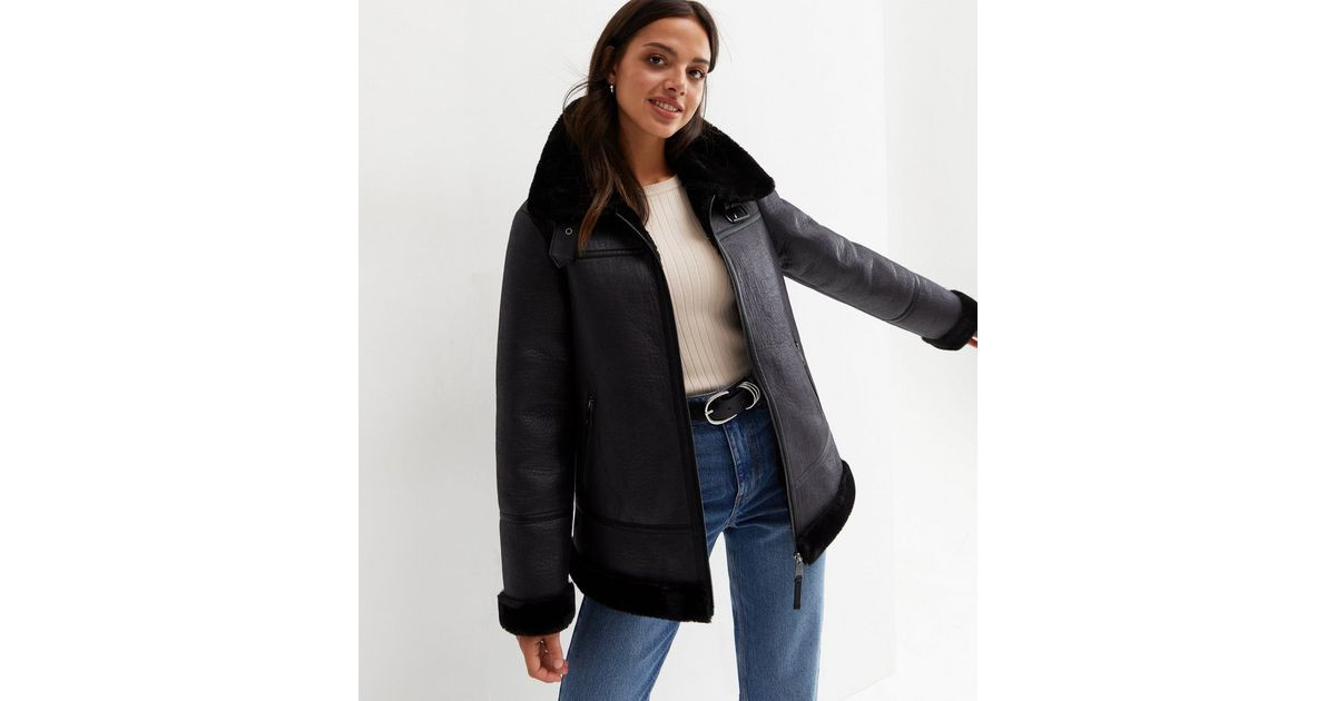 Black Leather-Look Faux Fur Collared Aviator Jacket
						
						Add to Saved Items
						Remove ... | New Look (UK)