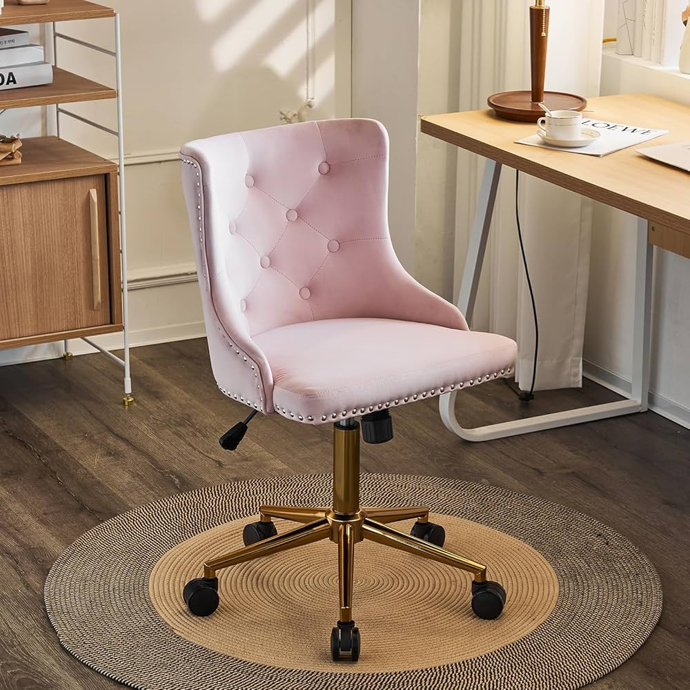 VINGLI Light Pink Velvet Armless Home Office Desk Chair with Gold Wheels, Small Cute Vanity/Makeu... | Amazon (US)