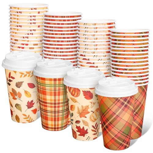 Whaline Fall Disposable Coffee Cups with Lids 16 Oz Autumn Leaves Paper Cups Checkered Pattern To Go Coffee Cup for Thanksgiving Harvest Party Cafe Hot Cold Drinks, 48 Pcs | Amazon (US)