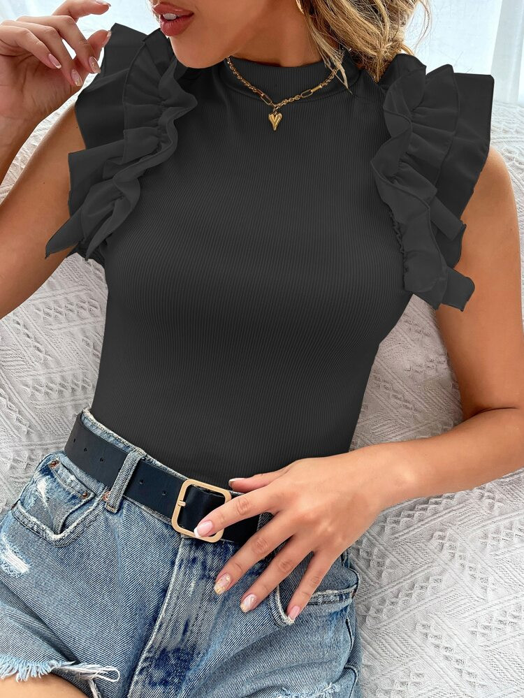 Mock Neck Ruffle Trim Tee | SHEIN