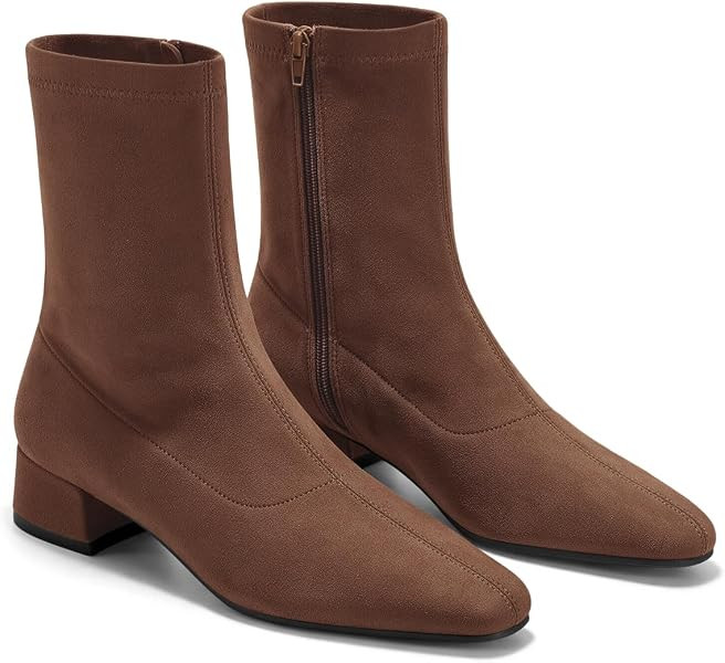 Coutgo Womens Ankle Boots Chunky Low Heel Square Toe Suede Zipper Booties | Amazon (US)