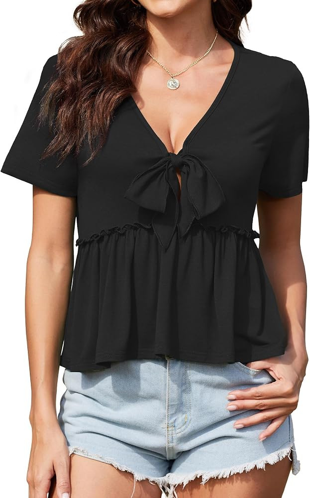 Womens Sexy V Neck Tops 2024 Summer Cute Ruffle Shirts Tie Bow Blouse Short Sleeve Crop Tops | Amazon (US)