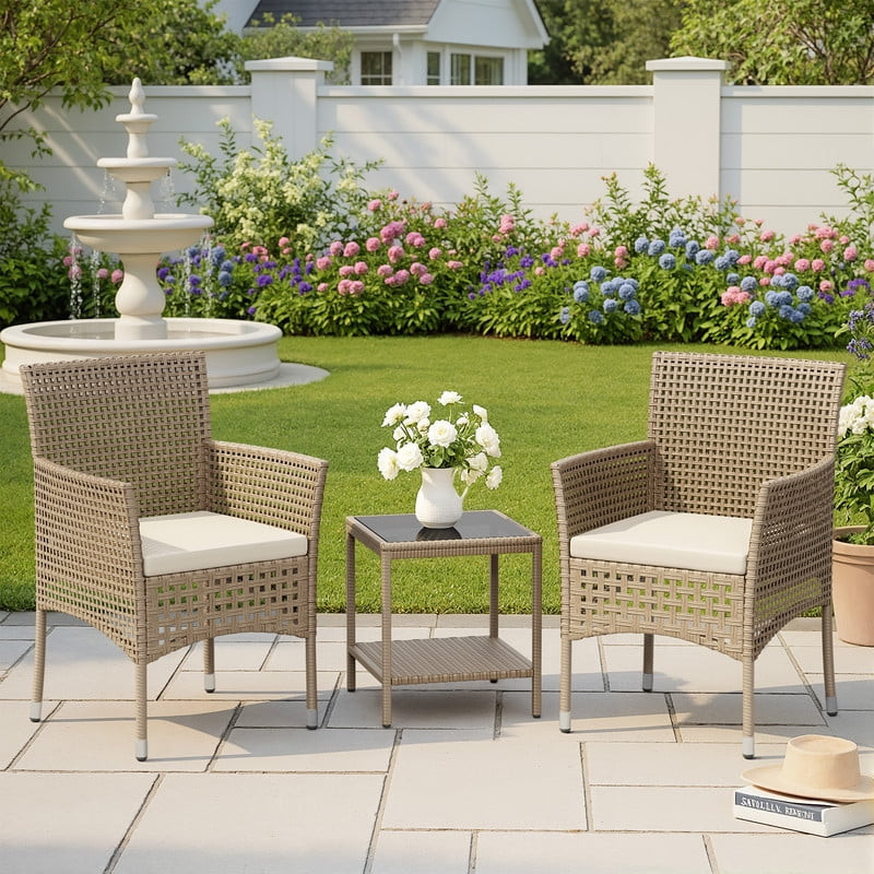 Lacoo 3 Pieces Outdoor conversation Set Rattan Patio Furniture Bistro Chat Chairs Set of 2 with T... | Walmart (US)
