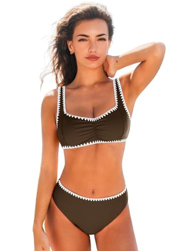 CUPSHE Women's Bikini Sets Sweetheart Neck Adjustable Wide Straps Swimsuit Stitching Bathing Suit Mid Rise, M Brown | Amazon (US)