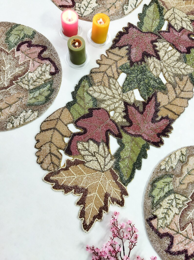 Multi Color Leaves Handmade Beaded Runner - Etsy | Etsy (US)