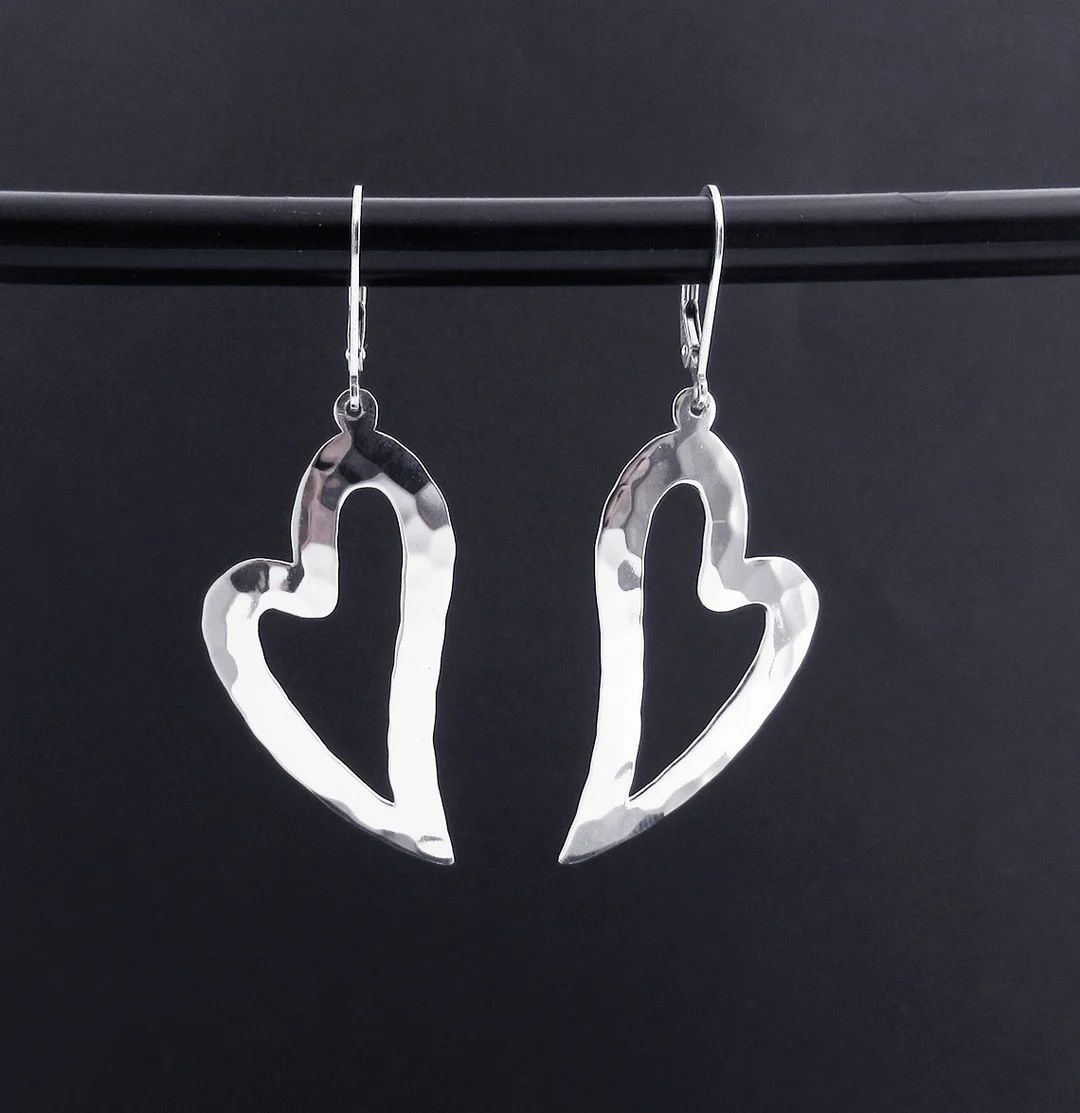 Hammered Sterling Silver Open Heart Earrings, Dangly Long Heart Leverback Lever Back Hook Drop Da... | Etsy (US)