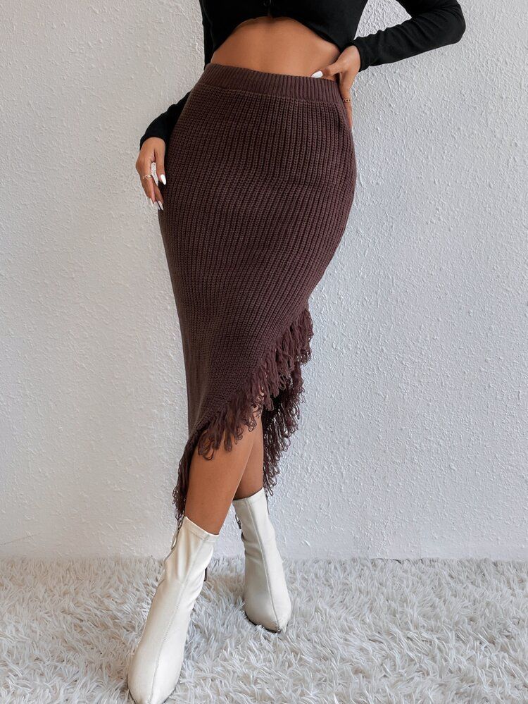 Fringe Trim Asymmetrical Hem Knit Skirt | SHEIN