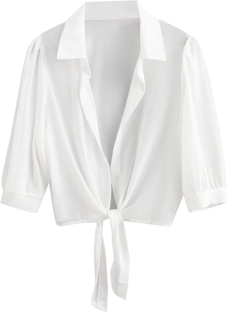 ZAFUL Women's White Bikini Swimwear Cover Up Semi-Sheer V Neck Button Up Top Shirt Blouse Beachwear | Amazon (US)