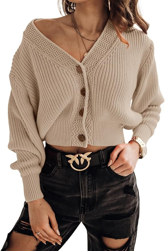 Febriajuce Women's Long Sleeve V-Neck Button Down Rib Knit Cropped Cardigan Sweater | Amazon (US)