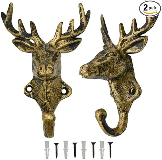 Maydahui 2 Pcs Retro Brass Deer Head Hooks Vintage American Country Style Gold Cast Iron Reindeer... | Amazon (US)