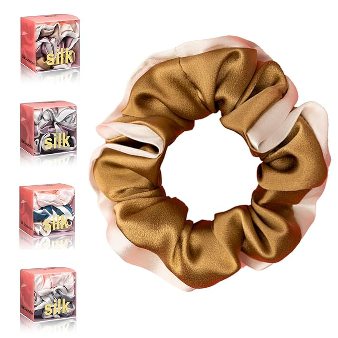 Silmer Silk Scrunchies for Hair 100% Mulberry 3 Pack(Pale Mauve, Apricot,Champaign Gold) | Amazon (US)