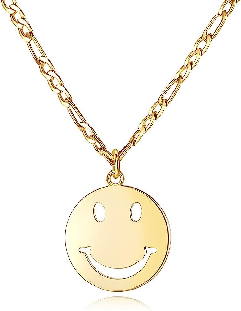 14K Gold Smiley Face Necklace Cute Round Stainless Steel Preppy Necklace Gold Happy Face Necklace... | Amazon (US)