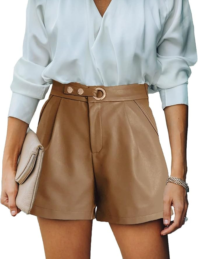 Uusollecy Women Casual Leather Shorts, Solid Hight Waist Shorts, Belt Short Pants with Pockets | Amazon (US)