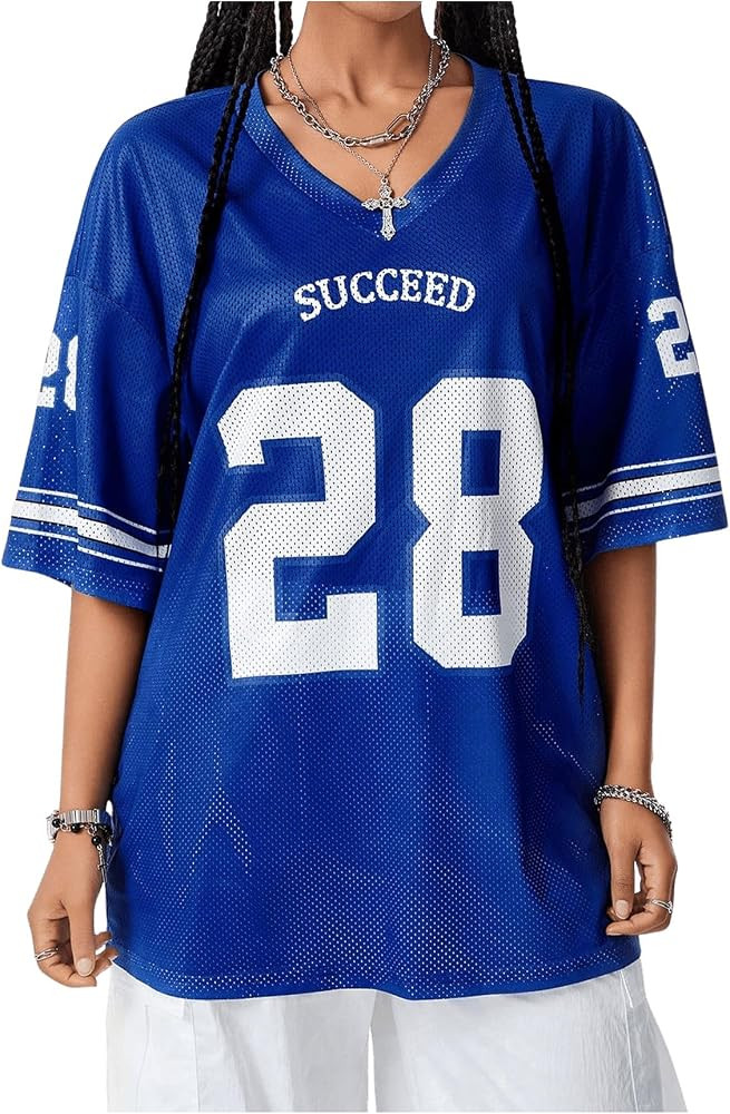 GORGLITTER Women's Y2k Oversized Jersey Shirts Number Graphic Print Patchwork Half Sleeve Tee Str... | Amazon (US)