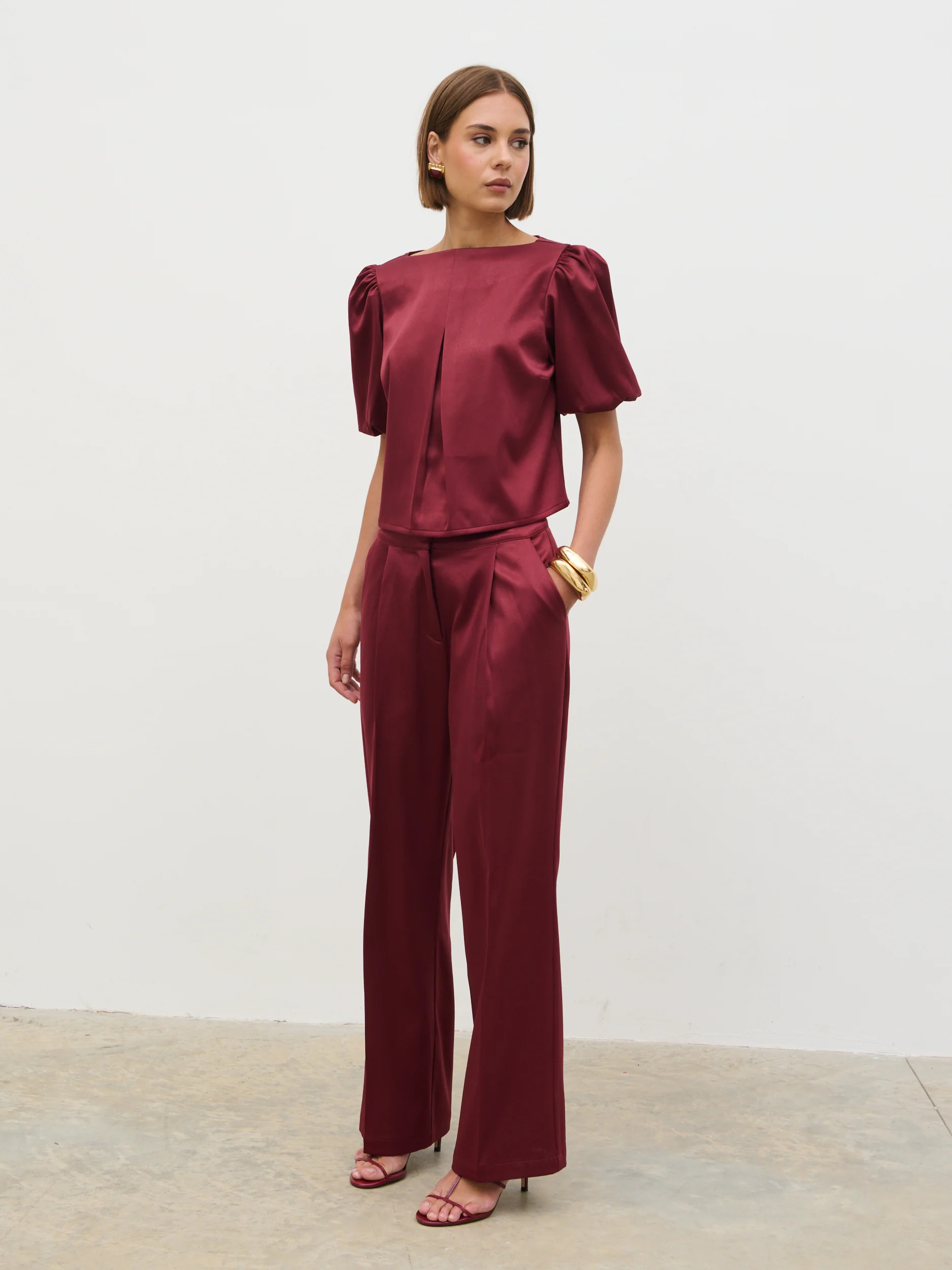 Lorah Wide Leg Bonded Satin Trousers - Wine | Pretty Lavish (UK)