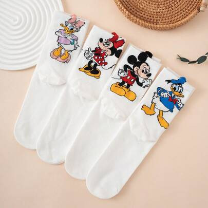 4 Pairs Women's Fun Personalized Cartoon Cute Multi-Color Jacquard Disney Mouse Minnie Duck Daisy Pattern Mid-Calf Socks, Athletic Socks, All Season, | SHEIN