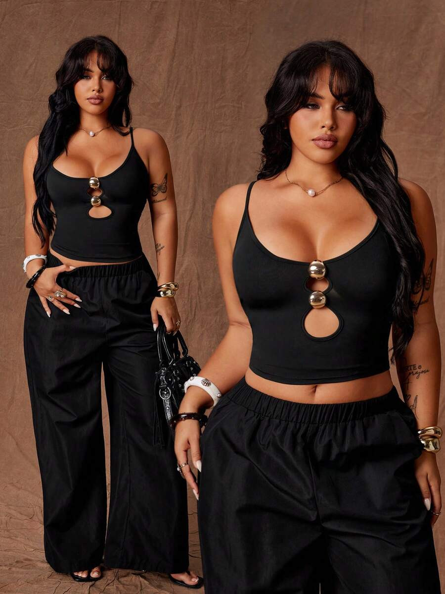 Rustia Plus Size Women's Black Summer Classy Night Out Club Crop Top,Knitted Hollow Metal Buckle ... | SHEIN