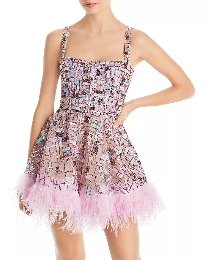 Mademoiselle Sequined Feather Trim Mini Dress | Bloomingdale's (US)