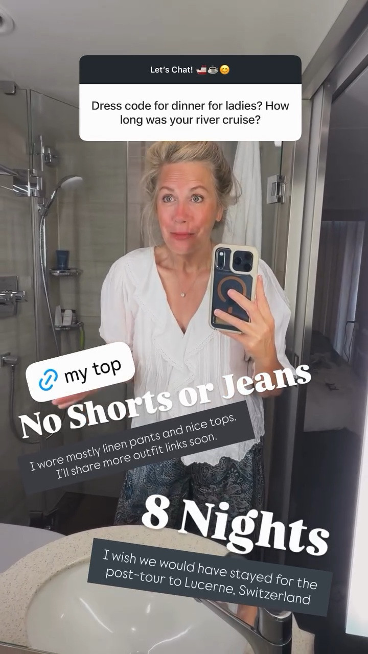 No Shorts or Jeans 8 Nights I wish we would have stayed for the post-tour to Lucerne, Switzerland  I wore mostly linen pants and nice tops. 
I’ll share more outfit links soon.