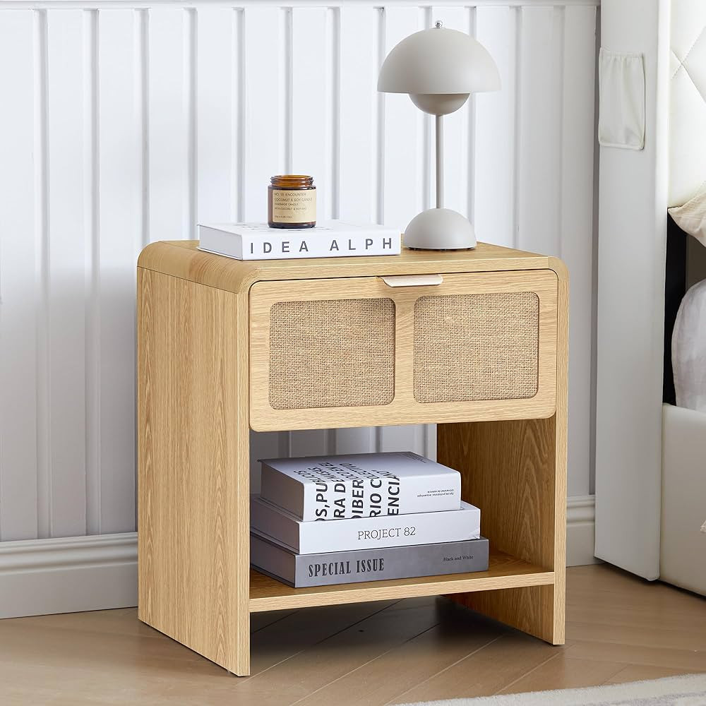 LEVNARY Nightstand with Charging Station, Mid-Century Modern Bedside Table with Curved Top Corner... | Amazon (US)
