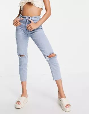 Stradivarius organic cotton slim mom jean with stretch and rip in light blue | ASOS (Global)