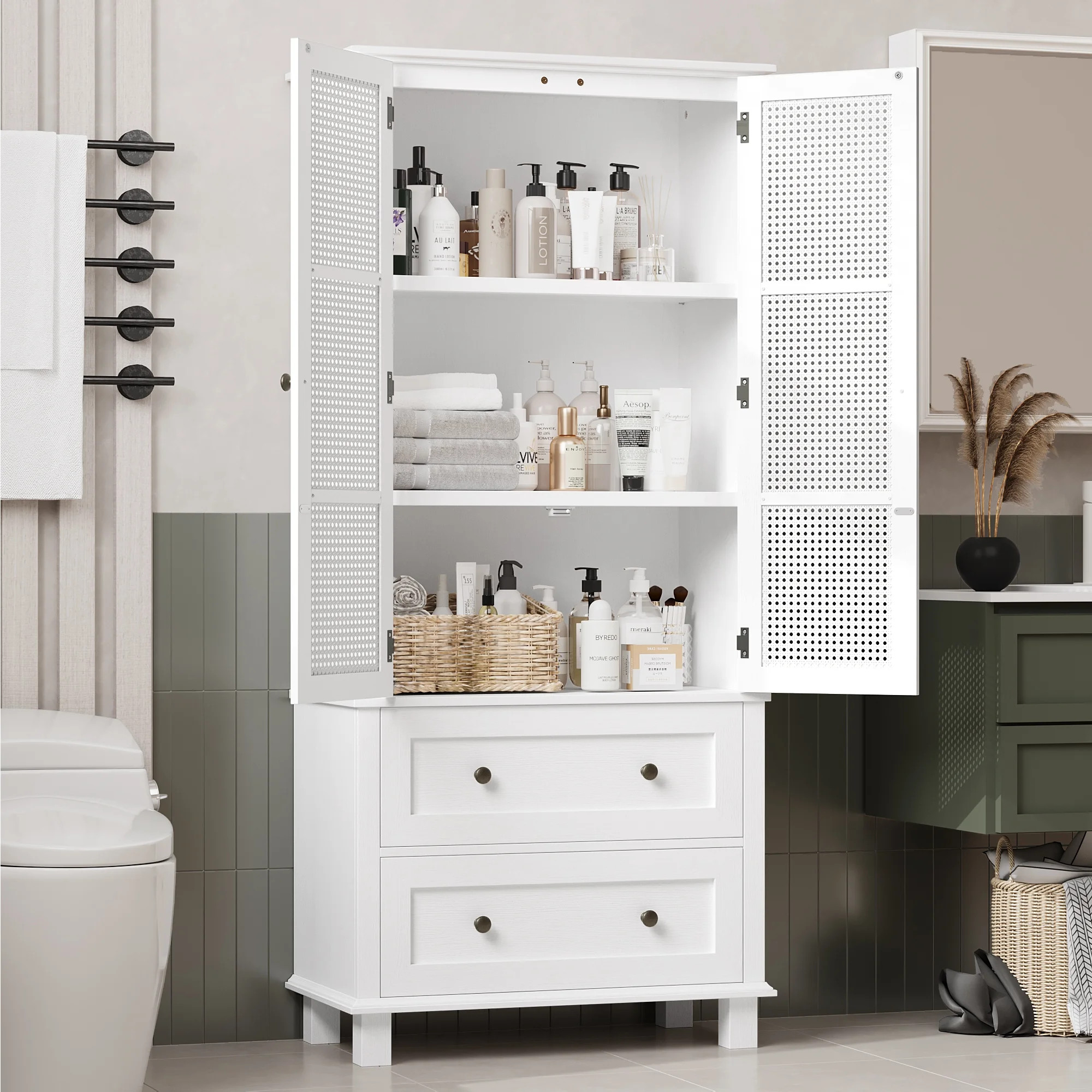 Homfa Bathroom Cabinet with Rattan Doors, Rattan Linen Storage Cabinet with 2 Drawers, White | Walmart (US)