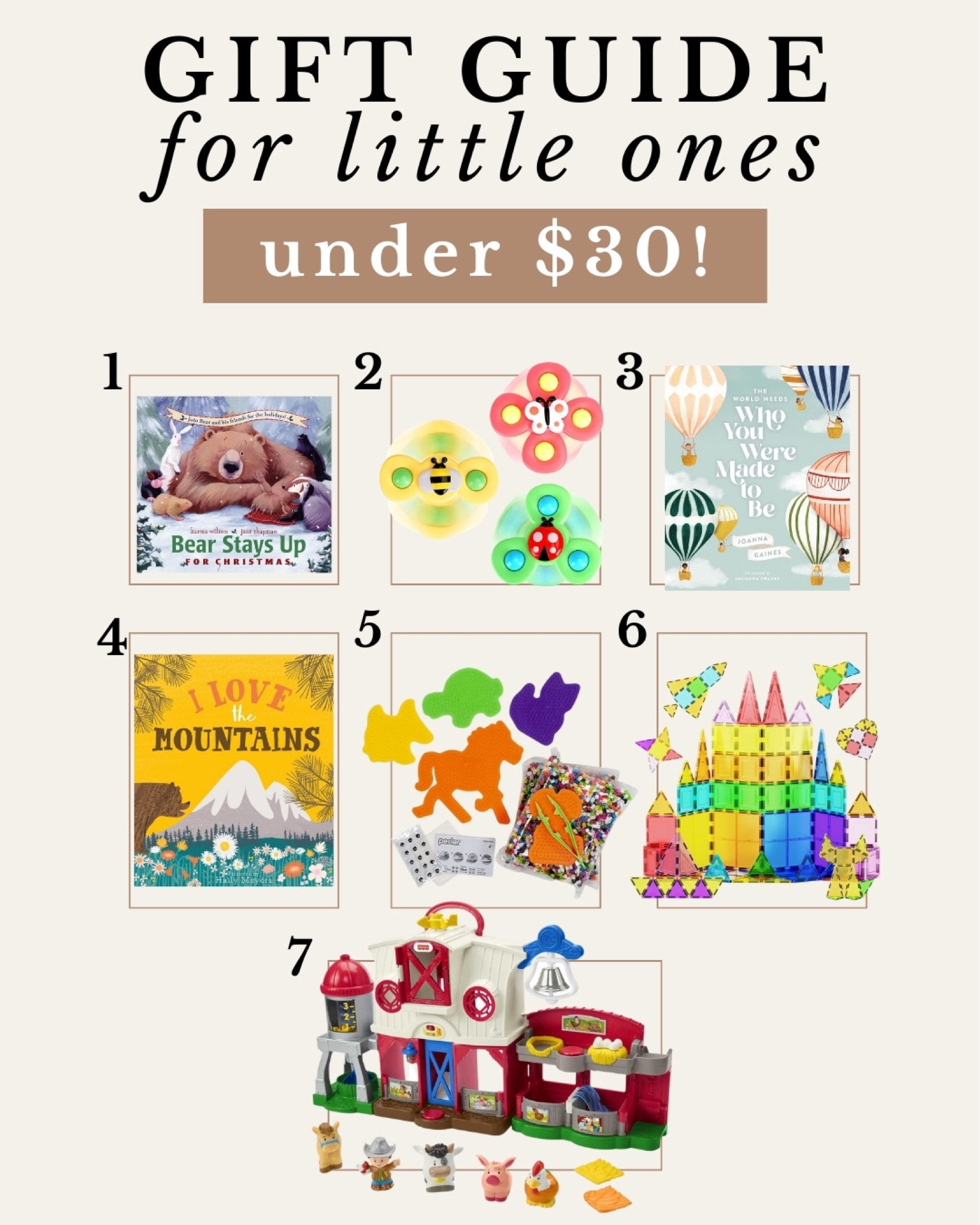 Gift guide for kids under $30, gifts for kids, kids gift guide, gift guide for kids, gift guide for toddlers, gift guide for babies 

#LTKGiftGuide #LTKkids #LTKbaby