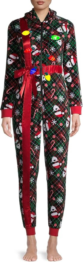 Derek Heart Women's Ugly Christmas Sweater Present Hooded Union Suit (1X) Black | Amazon (US)
