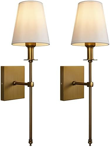 Passica Decor Modern Antique Brass Wall Sconce Set of Two, with Vertical Rod and White Fabric Fla... | Amazon (US)