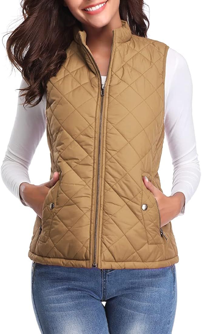 Fuinloth Women's Quilted Vest, Stand Collar Lightweight Zip Padded Gilet Camel S at Amazon Women'... | Amazon (US)
