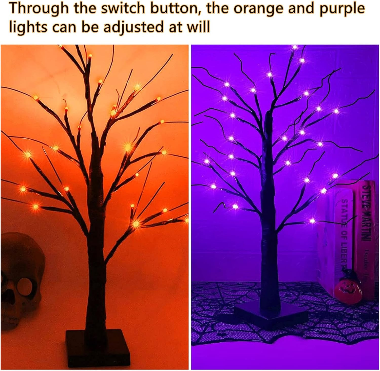 Dimmable 23.6 Inch Halloween Tree Halloween Decorations with 24LED Orange and Purple Lights and Halloween Indoor Tabletop Black Tree with Spider and Scary Web,8 Light Modes,USB/Battery Power | Amazon (US)