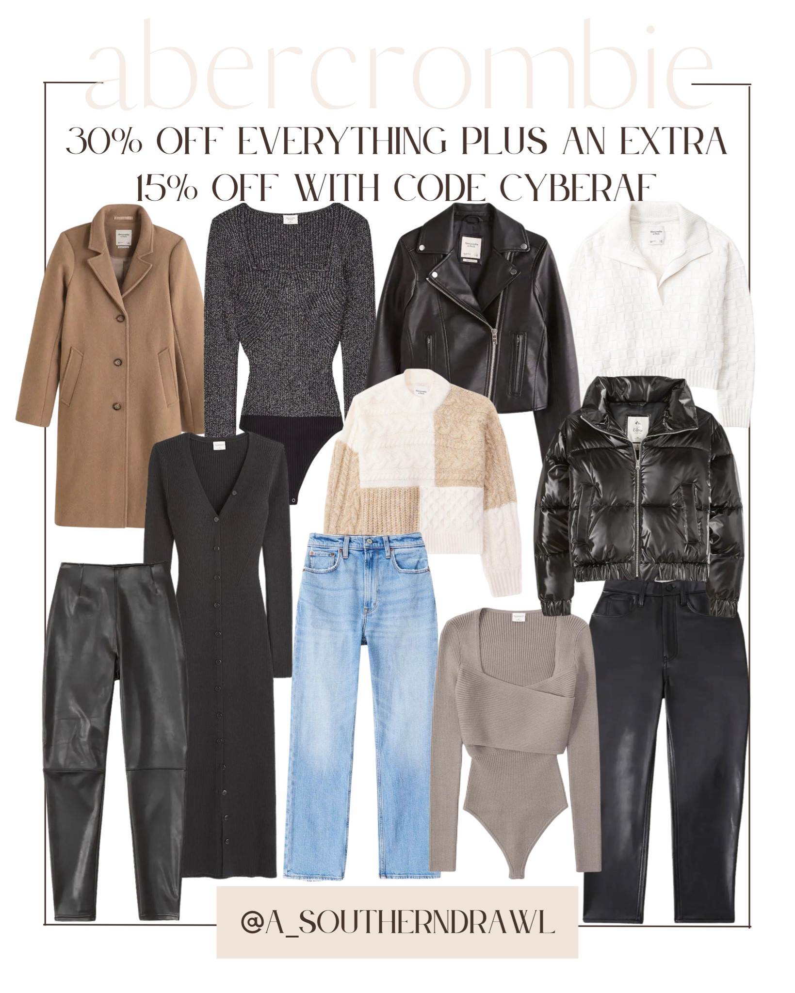 Abercrombie Black Friday sale - wooo coat - sweaters - faux leather pants - faux leather leggings - denim - bomber jacket - leather jacket 

#LTKstyletip #LTKSeasonal #LTKCyberweek