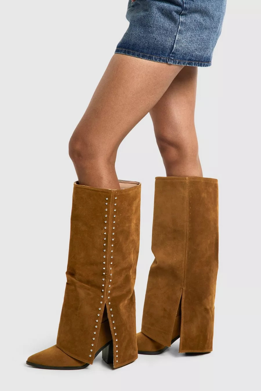 Faux Suede Studded Detail Fold Over Distressed Western Boot | Boohoo.com (UK & IE)