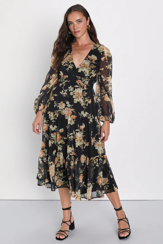 Delightful Affection Black Floral Long Sleeve Dress Long Sleeve Floral Dress Fall Floral Dress  | Lulus (US)