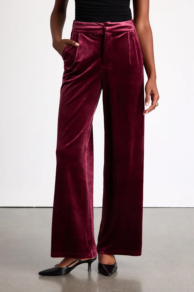 Haira Burgundy Velvet Wide-Leg Mid-Rise Trouser Pants | Lulus