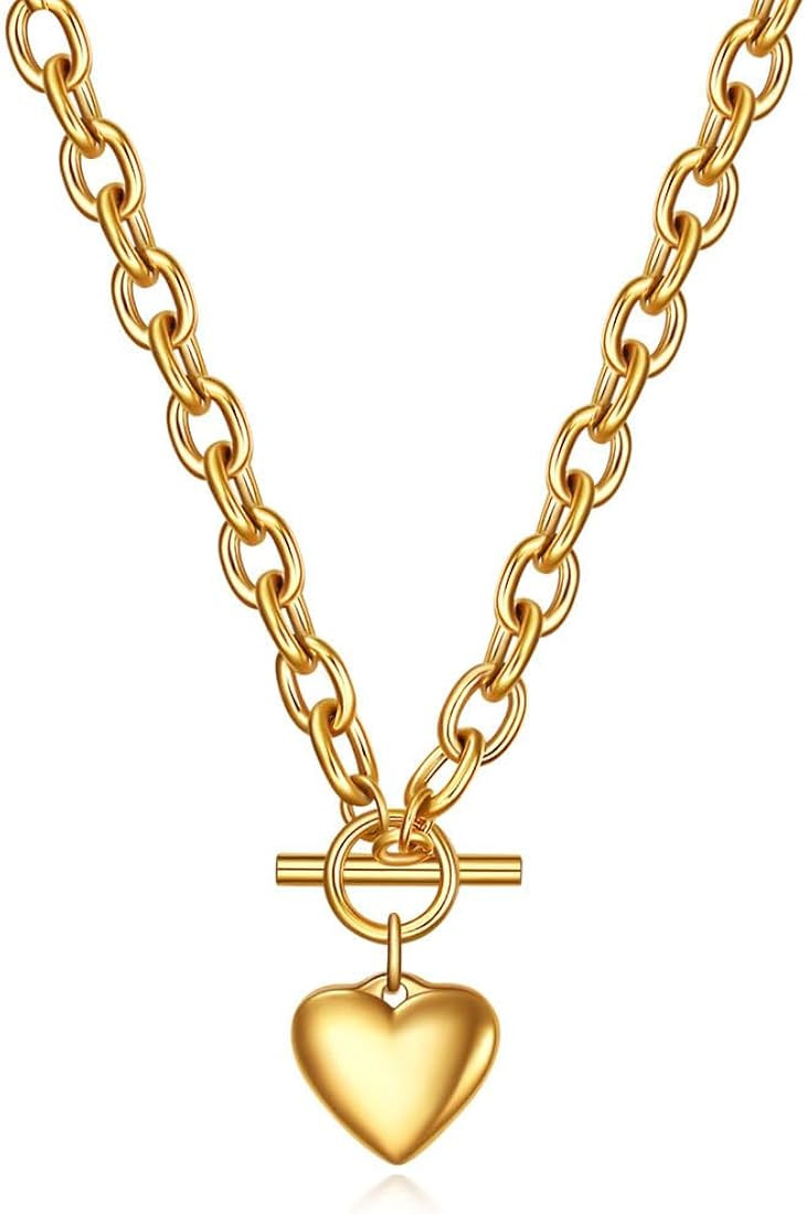 Chain Necklace for Women 18K White Gold Plated Chunky Cuban Chain Link Necklace with Heart Moon H... | Amazon (US)