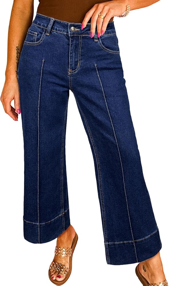 Astylish Women's 2026 Stretchy Breathable Wide Leg High Waisted Jeans Casual Cropped Ankle Denim ... | Amazon (US)