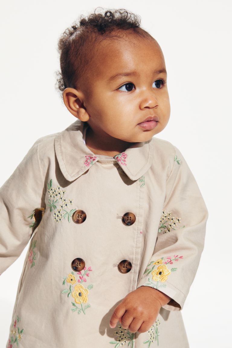 Embroidered Cotton Trench Coat - Light beige/flowers - Kids | H&M US | H&M (US + CA)