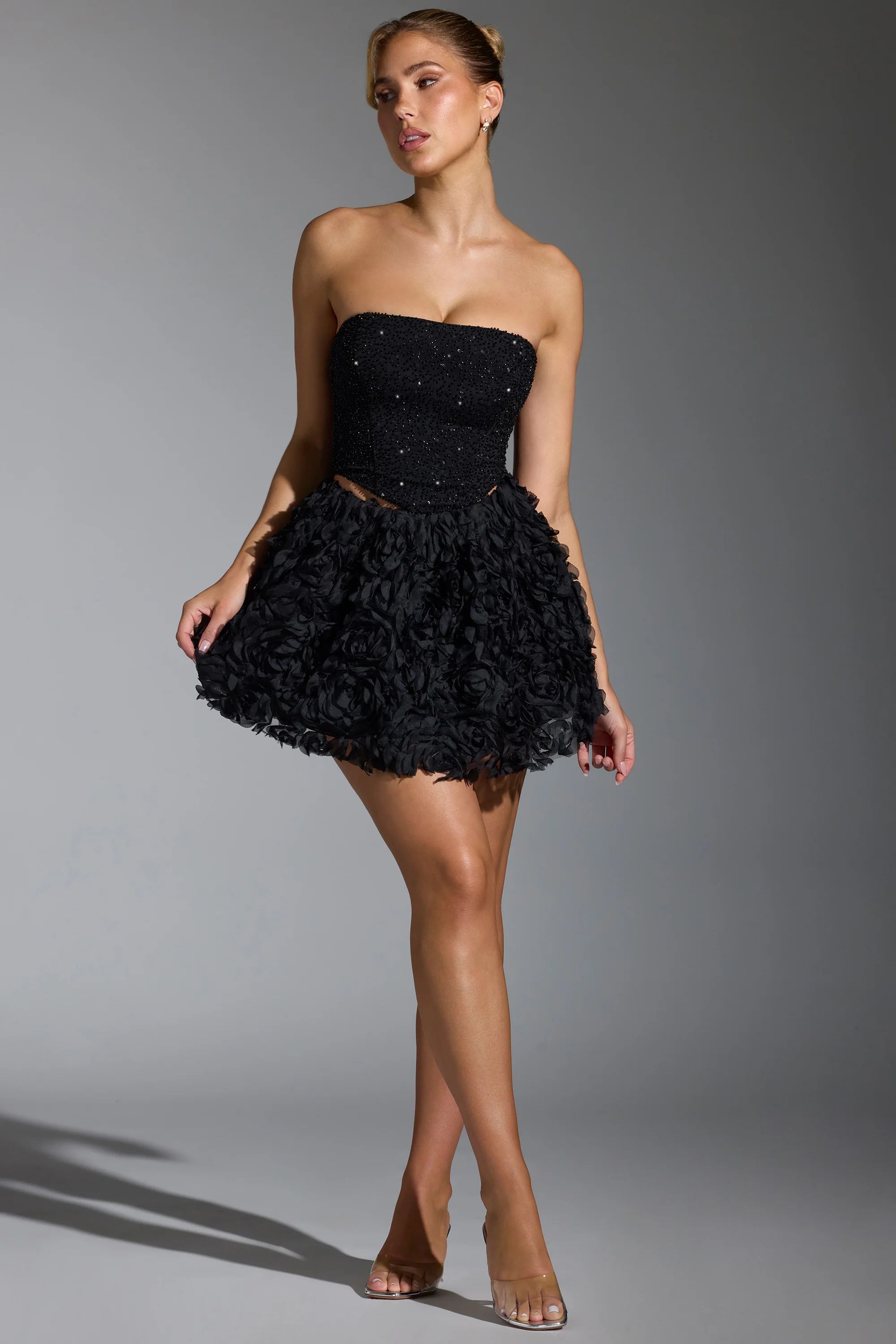 Floral-Appliqué Mini Skirt in Black | Oh Polly